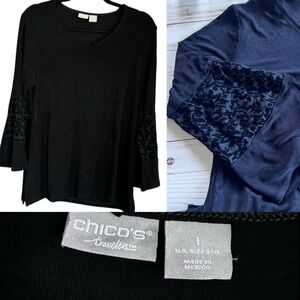EUC Chicos Travelers Whimsygoth Bell Sleeve Velvet Detail Top size Small
